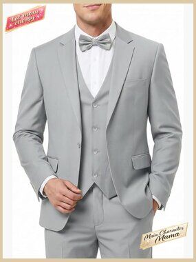 3-Piece Slim Fit Suit Set with Blazer Vest Pants and Bow Tie for Wedding